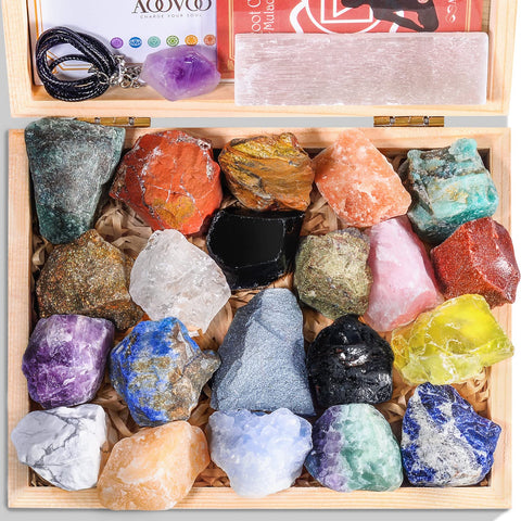 AOOVOO 31Pcs Crystals and Healing Stone Collection, 21 Real Healing Chakra Stones, Selenite Stick, Amethyst Necklace, Rose Quartz, Wooden Box + Guide, Gift for Beginner, Collection, Meditation, Yoga 31pcs Crystals Set