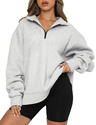 Trendy Queen Womens Oversized Half Zip Pullover Long Sleeve Sweatshirt Quarter Zip Hoodie Sweater Teen Girls Fall Y2K Clothes Grey Medium