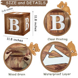 Wood Grain Printing Baby Shower Display Boxes Party Decorations, Neutral Gender Reveal Party Backdrop, Brown Teddy Bear Baby Stacking Blocks Backdrop with Letters for Boy Girl Birthday Party Wood Grain