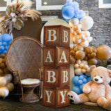 Wood Grain Printing Baby Shower Display Boxes Party Decorations, Neutral Gender Reveal Party Backdrop, Brown Teddy Bear Baby Stacking Blocks Backdrop with Letters for Boy Girl Birthday Party Wood Grain