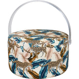 SINGER Large Premium Round Sewing Basket Jungle Print with Emergency Travel Sewing Kit & Matching Zipper Pouch