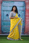 JALTHER Handicrafts Women's Ikat Hand Block Print Jaipuri Cotton Mulmul Saree with Blouse Piece