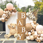 Baby Shower Boxes Birthday Party Decorations - 4 Wood Grain Brown Stereoscopic Blocks with BABY Letter,1st Birthday Balloon Boxes,Teddy Bear Boys Girls Baby Shower Supplies, Gender Reveal Backdrop Brown Boxes