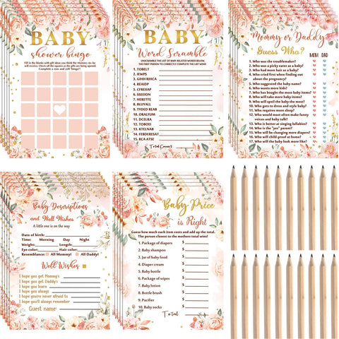 Spakon 125 Pcs Floral Baby Shower Games for Girls Set of 5 Game Activities Cards with 20 Pencils Includes Bingo Guess Who Price Is Right Description Word Scramble Game, 3.46 inches