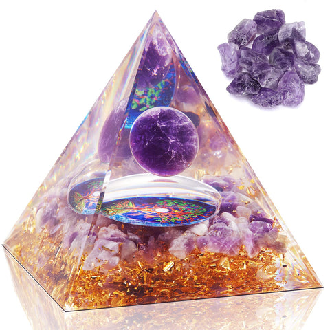 Orgone Pyramid - Orgonite Healing Amethyst Crystal Sphere with Reiki Obsidian Protection Handmade Pyramids Valentines Day Gift Home Office Decor Positive Energy for Balancing (Amethyst+Tree Of Life) Amethyst+Tree Of Life