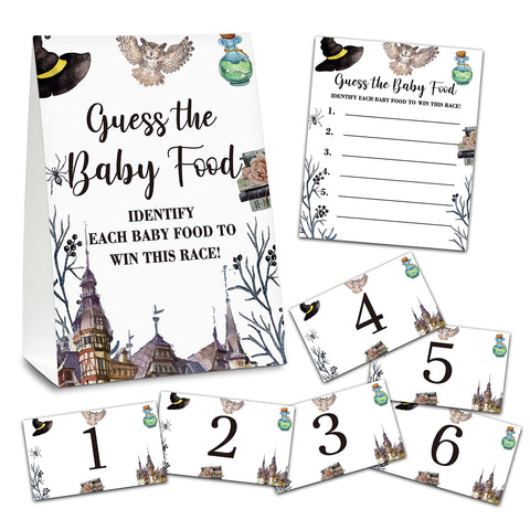 Magic School Baby Shower Party Game Set, Guess the Baby Food, 1 Standing Sign With 25 Answer Cards & 6 Number Cards, Baby Gender Reveal Party Game Decoration Supplies(5"x7") - food-E01