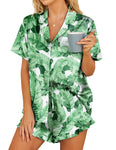 Hotouch Womens Satin Pajamas Set Button Down 2 Piece Silk Pjs Shorts Set Ruffle Lingerie Notch Collar Sleepwear Green Leaf Medium