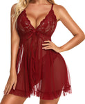KYLELOVE Women Lingerie Lace Babydoll Chemise Ruffle Nightgown Sleepwear Wine Red X-Large