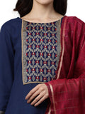 INDO ERA Women's Pure Cotton Yoke Design Straight Kurta Palazzo with Dupatta Set(Navy Bue_IE26KD4NB1771_XS to 2XL-Size)