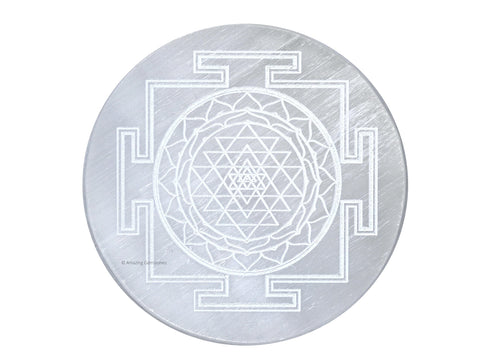 Selenite Crystal Charging Plate For Crystals And Healing Stones, 4.5" Selenite Crystal Plate Engraved Sri Yantra Coaster For Home Office Table Decor (Selenite Round Disc)