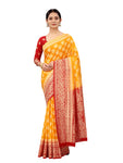 SATYAM WEAVES Women’s Daily/Party/Wedding/Casual Wear Rapier Jacquard Banarasi Cotton Silk Saree With Jacquard Designed Unstitched Blouse Piece