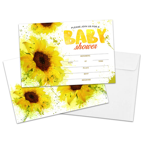 Sunflower Baby Shower Invitations, Sunflower Theme Party Decorations, Supplies, Favors - 25 Cards With Envelopes Per Pack(BB012)