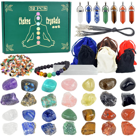 52 PCS Healing Crystals Set Include:14 Chakra Stone,14 Tumbled Stone,7 Crystals Necklaces, 7 jewelry Ropes,6 Velet Bag, 2 ounces Crushed Stone,1 Chakra Bracelet,1 selenite Stick,1 Guide，With Gift Box