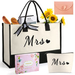 Mrs Bride Can-vas Embroidery Tote Bag w Makeup Bag, Inner Pocket Gift Box Card Set, Christmas Personalized Bridesmaid Gifts, Bride to be Gifts, Bachelorette Party, Miss to Mrs, Bridal Shower Gift