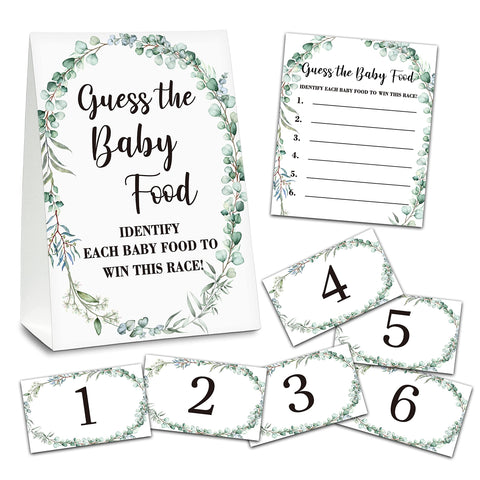 Greenery Baby Shower Party Game Set, Guess the Baby Food, 1 Standing Sign With 25 Answer Cards & 6 Number Cards, Baby Gender Reveal Party Game Decoration Supplies(5"x7") - food-D01