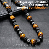 GENASTO Healing Crystal Black Obsidian Tiger Eye and Hematite Beads Necklace Triple Protection Necklace for Men Women Brown