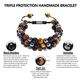 Ckkllws Triple Protection Bracelet,Handmade Bracelets,Bracelet for Women and Men,8mm Natural Tiger Eye Obsidian Hematite Healing Crystal Bracelet,Bring Luck and Prosperity and Happiness (8mm,3 Layer) 8mm,3 Layer