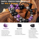 Triple Protection Bracelet for Men Women, Genuine Amethyst Black Obsidian Hematite 8mm Beads Bracelet ,Handmade Natural Stone Crystal Bracelets for Protection Healing Balance Amethyst Bracelet
