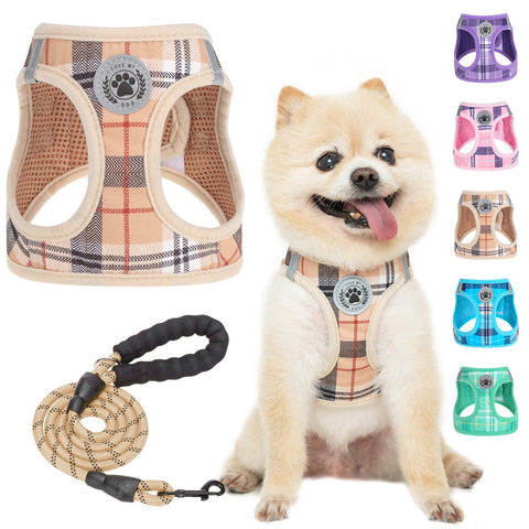 BEAUTYZOO Small Dog Harness and Leash Set,Step in No Chock No Pull Soft Mesh Dog Harnesses Reflective for Extra-Small/Small Medium Puppy Dogs and Cats, Plaid Dog Vest Harness for XS S Pets, Beige S Small(Chest Girth 14.5" - 16")