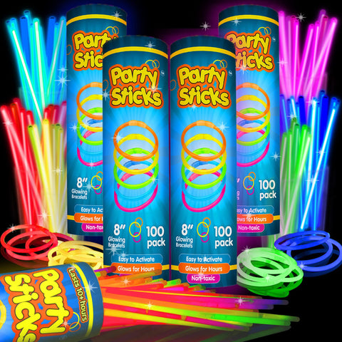 PartySticks Glow Sticks Party Supplies 400pk - 8 Inch Glow in The Dark Light Up Sticks Party Favors, Glow Party Decorations, Neon Party Glow Necklaces and Glow Bracelets with Connectors 400 Pack