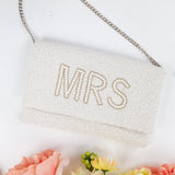 MRS Clutch for Wedding Day, Beaded White Bride Purse for Bachelorette, White Bride Bag, Bridal Shower & Engagement Gifts for Bride To Be (All White MRS)