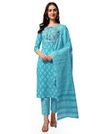 SOURBH Women's Stylish Straight Fit Cotton Ethnic Block Motif Printed Kurta Set with Trouser Pant and Dupatta
