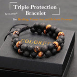 Triple Protection Bracelet for Men Women, Genuine Premium Tiger Eye Black Onyx and Lava Rock 8mm Handmade Bead Bracelet Healing Crystal Protection Bracelet Bring Luck and Prosperity and Happiness