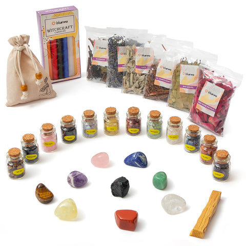 Bkarma Witchcraft Supplies Kit for Beginners & Advanced Pagans - Wiccan Supplies & Tools, Includes Chakra Healing Crystals, Herbs Candles, Palo Santo - Witchcraft Herb Kit