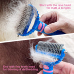 Azzyym Pet Grooming Brush for Cats/Dogs, 2 in 1 Dematting Comb & Deshedding Tool Undercoat Rake Removing Knots, Mats and Tangles, Extra Wide (Blue) Blue