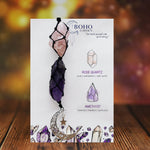 BOHO GARDEN Hanging Car Charm - Rose Quartz, Amethyst - Dangling Moon, Healing Crystal Accessories, Rearview Mirror Decorations - Love, Connection, Self-Worth, Balance, Intuition, Spirituality, Energy Rose Quartz-amethyst