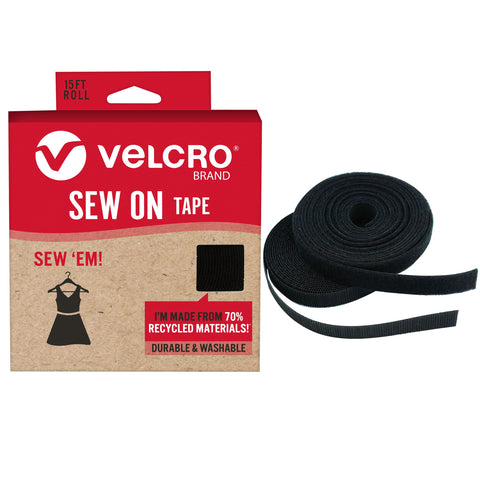 VELCRO Brand ECO Collection | Non Adhesive Sew On Tape for Clothes and Fabrics | Cut Strips to Custom Length for Sewing | 15ft x 3/4in Roll, Black Sew 'Em!
