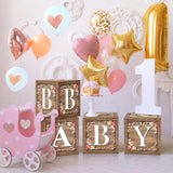 Floral Baby Shower Box Birthday Party Decoration Balloon Blocks First Birthday Centerpiece Decor for Girls Wood Grain Base Gender Reveal Party Supplies (Floral-Box-01) Floral-Box-01