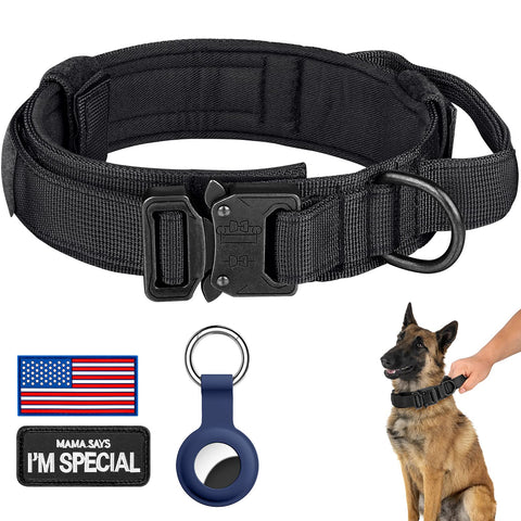 DAGANXI Tactical Dog Collar, Adjustable Military Training Nylon Dog Collar with Control Handle and Heavy Metal Buckle for Medium and Large Dogs, with Patches and Airtags Case (L, Black) L