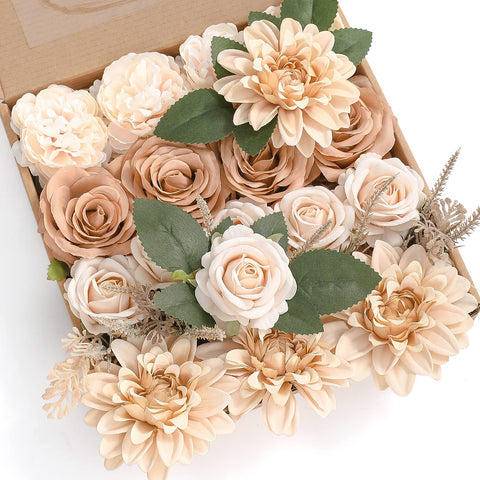YYHUAWU Artificial Flowers Combo Box Set Gradient Color Flower Leaf with Stems for DIY Wedding Bouquets Centerpieces Baby Shower Party Home Decorations Nude Color