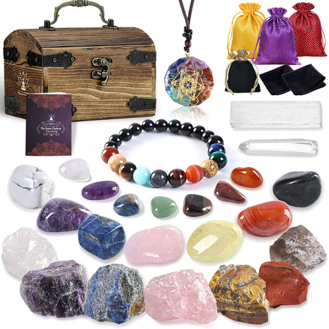 Crystals and Healing Stones in Wood Treasure Chest - 33Pcs Healing Crystals Set for Beginners with Guide - Chakra Stones and Crystals Gifts for Women,Her,Kids,Collection,Witchcraft,Meditation,Yoga Vintage Solid Wood Gift Box