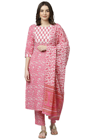 Janasya Women's Pink Cotton Kurta with Pant and Dupatta