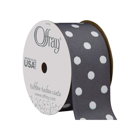 Offray 746897 1.5" Wide Grosgrain Ribbon, Pewter Gray and White Polka Dot, 3 Yards