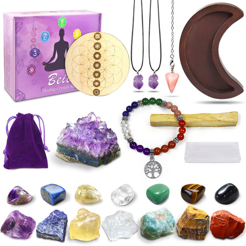 Healing Crystals Set, 23pcs Natural Healing Stones for Yoga Meditation Reiki, 7 Tumbled and 7 Raw Stones for 7 Chakras Balancing with Amethyst Cluster, Moon Tray, Pendulum, Necklace, Selenite 23 Piece Set