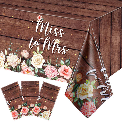 3 Pcs Miss to Mrs Tablecloths for Bridal Shower, Rustic Floral Wood Grain Table Covers Disposable Plastic Rectangular Table Cloth for Bride Wedding Engagement Party, 108 x 54 Inches (Dark Brown) Dark Brown