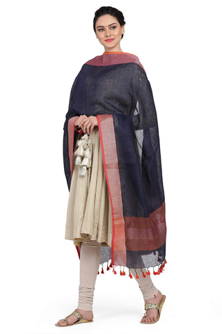 THE WEAVE TRAVELLER Handloom Hand Woven Linen Dupattas for Women with Pom Pom Edgings
