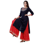 Ashta Vinayak Creations Women's Casual Rayon Embroidered Straight Kurti With Sharara Set(AVC74_Black_Red)