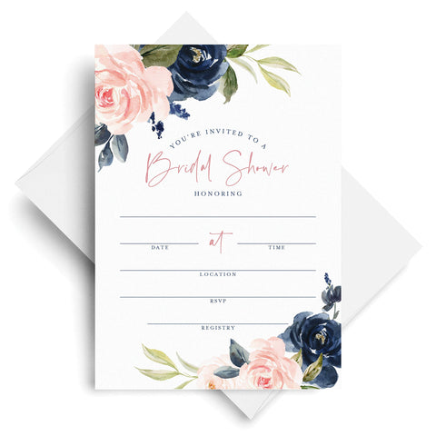Bliss Collections Bridal Shower Invitations with Envelopes, Navy Floral, Invites for Weddings, Showers, Parties and Receptions, 5"x7" Single-Sided Cards (25 Invitations and Envelopes)