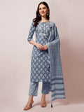 SOURBH Women's Stylish Straight Fit Cotton Ethnic Block Motif Printed Kurta Set with Trouser Pant and Dupatta