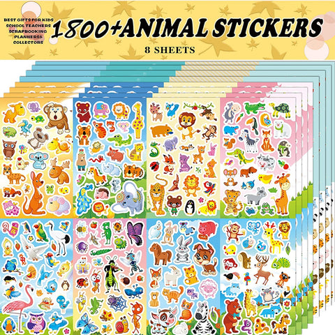 Sinceroduct Animal Stickers Assortment Set, 8 Sheets (1800+ Count), 16 Themes Collection for Kids, Children, Teacher, Parent, Grandparent, School 02