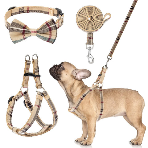 Dog Harness with Leash and Bow Tie Collar Set - Beige Plaid Puppy Harness, Escape Proof Adjustable No Pull Dog Vest for Outdoor Walking, Fit for Small Medium Large Dogs