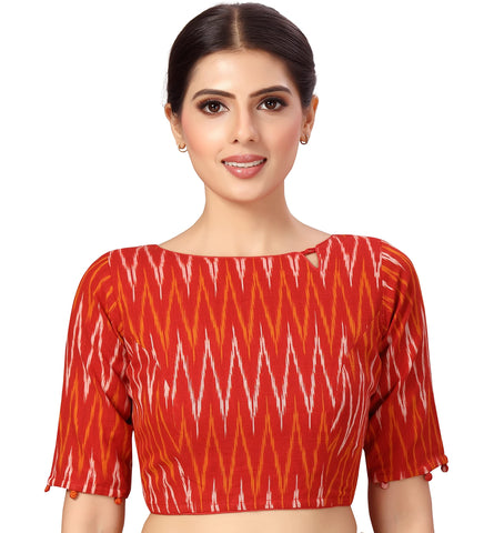 Studio Shringaar Women's Red Ikkat Pure Cotton Stitched Saree Blouse with Elbow Length Sleeves