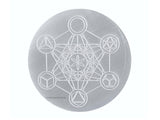 Selenite Crystal Charging Plate For Crystals And Healing Stones, 4.5" Selenite Crystal Plate Engraved Platonic Metatron Cube Coaster For Home Office Table Decor (Selenite Round Disc) Metatron (Platonic Solid)