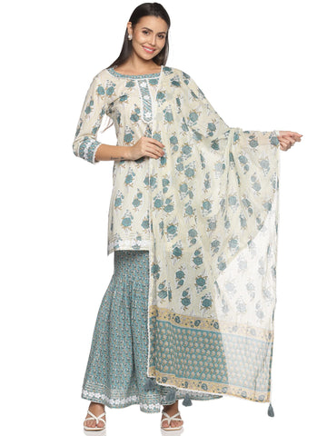 RAJMANDIRFABRICS Women's Cotton Printed Straight Kurta Sharara With Dupatta Set