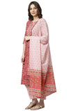 Janasya Women's Pink Cotton Kurta Set with Pant and Dupatta