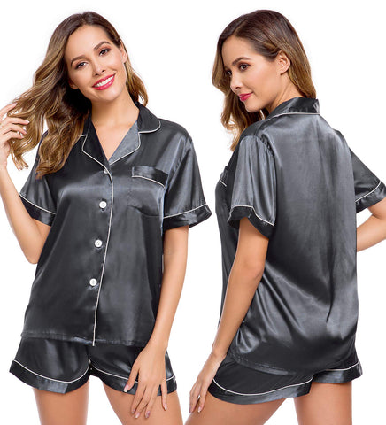 LecGee Womens Silk Satin Pajamas Short Sleeve Loungewear Two-Piece Sleepwear Button-Down Pj Set Medium Deep Grey-03